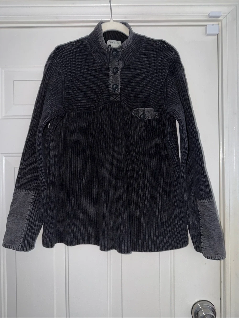 Men’s Orvis Washed Black Ribbed Henley Sweater with Cuff Patches. Sz L